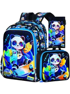 3PCS Kids Backpack for Boys, Panda Bookbag Preschool Kindergarten Elementary Backpacks with Lunch Box for Kids 6-8