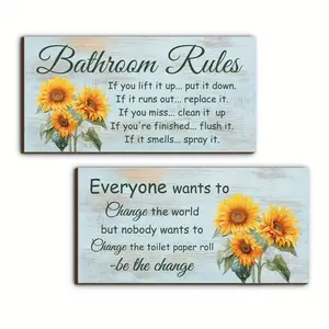 2 Fun Bathroom Signs with Sunflower Design, Rustic Wooden Wall Decor for Farmhouse Toilets, Aesthetic Bathroom Accessories