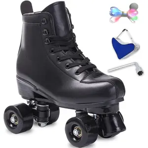 Roller Skates Women Men High-Top PU Leather Roller Skates Classic Double-Row Roller Skates Outdoor Indoor Quad-Skates with Light up Shoe Laces