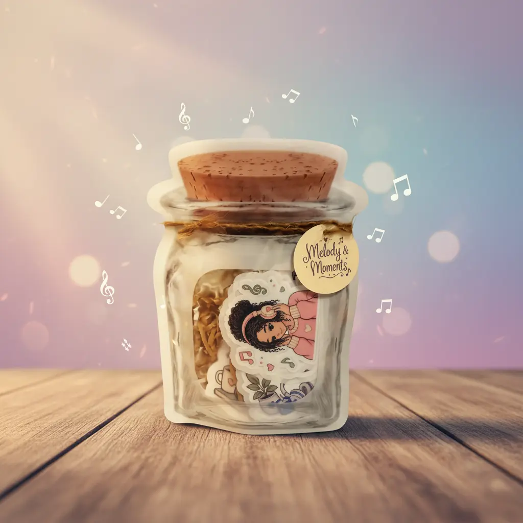 Melody & Moments Sticker Jar – 25 Whimsical Music-Inspired Stickers Featuring Cozy Headphones, Books, Coffee, Sweet Treats & Relaxing Everyday Moments for Journals, Planners, Notebooks, Laptops & More