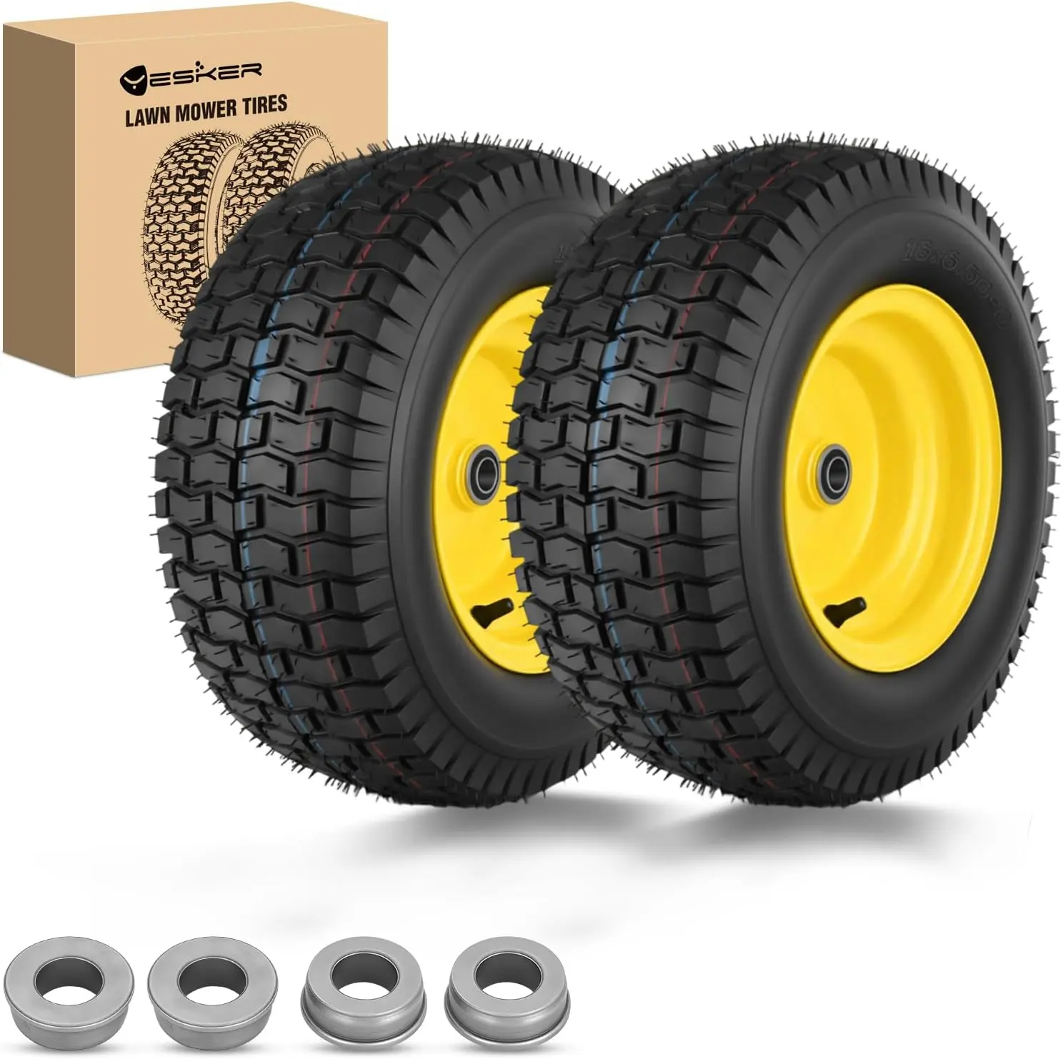 Yesker 2-Pack 16x6.50-8 Pneumatic Lawn Mower Tires, 3/4" Axle Bore, 3" Hub Length, Wide Tread, High Load Capacity, Natural Shock Absorb., Lawn Care Replacement Wheels