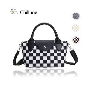 Fashionable Checkerboard Shoulder Bag – Minimalist Crossbody Purse with Detachable Strap & Smooth Zipper