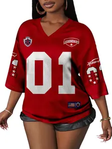 Unisex V-Neck short Sleeve Knit Top, Loose Fit Sports Shirt, Training Shirt, Number Print, Quick-Dry Streetwear, Y2K Style, Big knitted mesh fabric Men's & Women's Apparel
