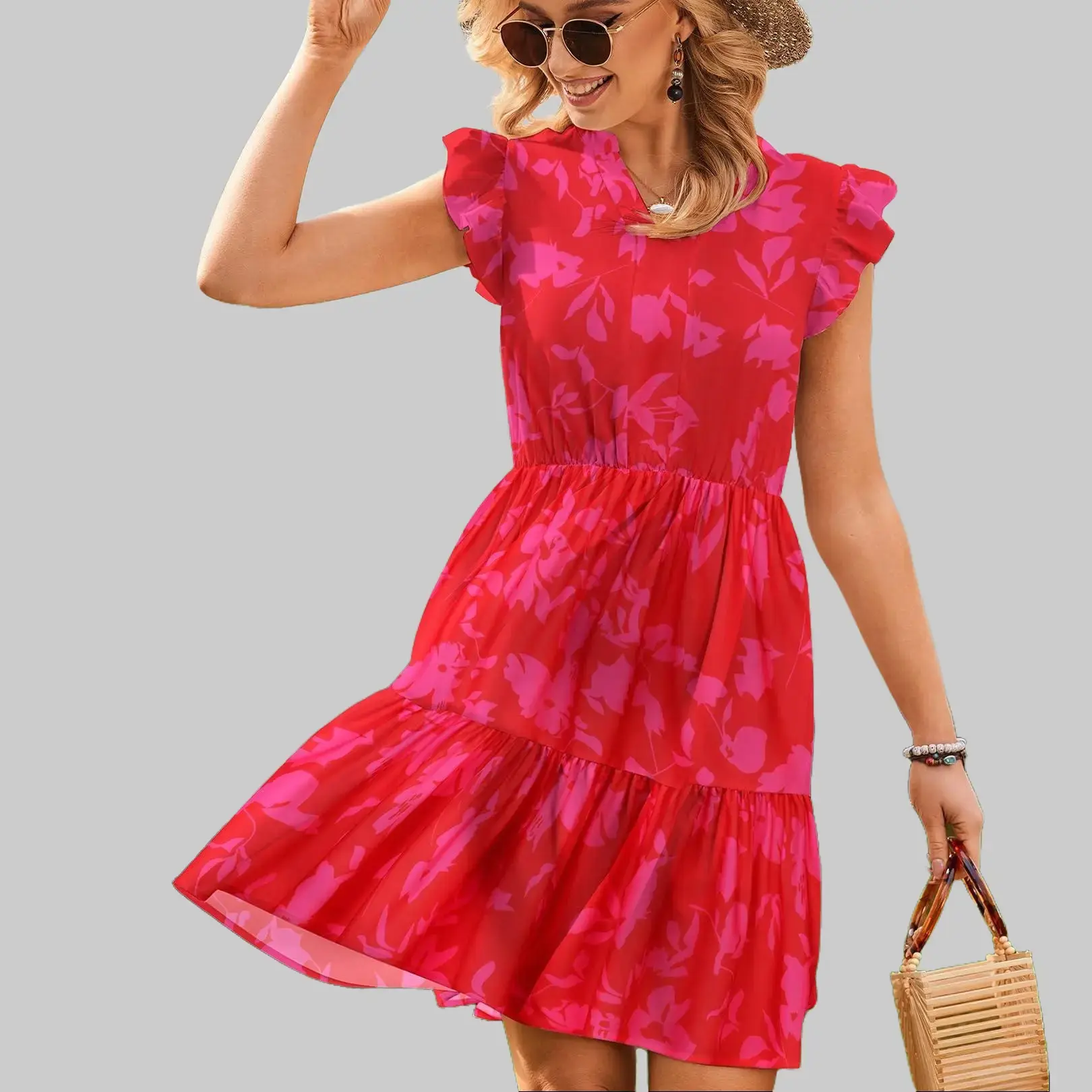 Women's Floral Printed Dress Ruffle Sleeve Tiered Mini Dress Casual Womenswear Summer Bohemian Fitted