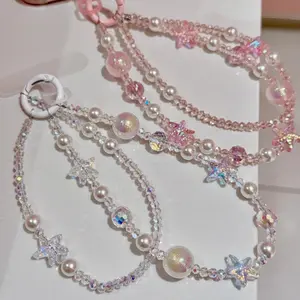 [nx] Pink crystal starfish pearl mobile phone chain ins feminine exquisite niche high-end handmade beaded pendant jewelry