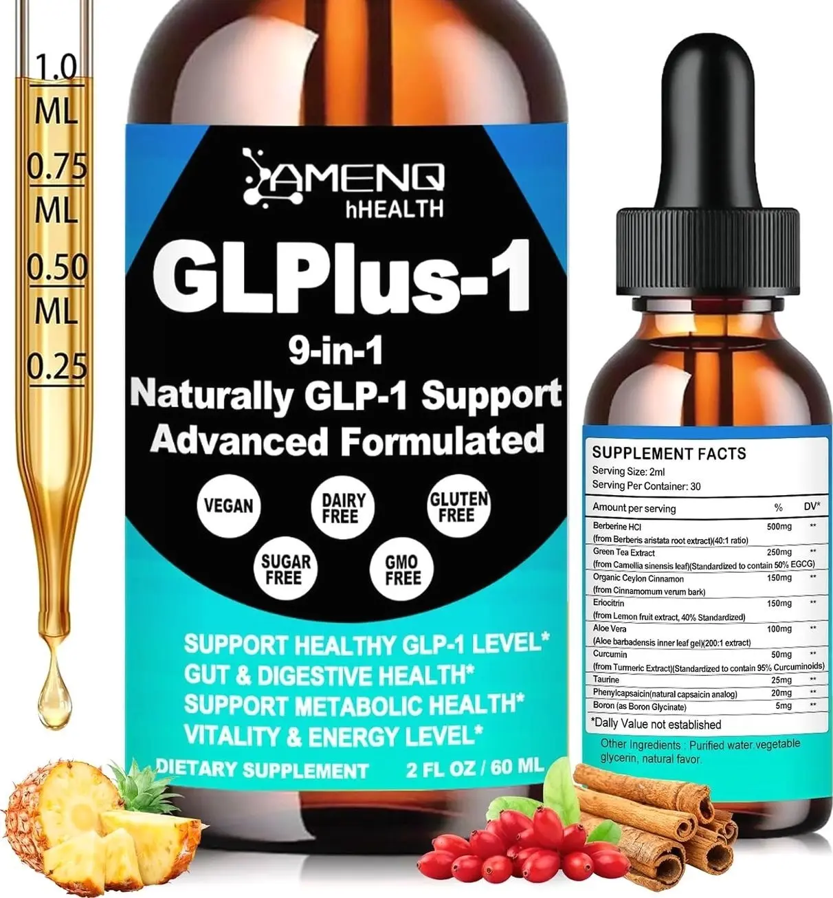 Berberine Supplement Liquid Drops, Berberine with Ceylon Cinnamon Green Tea Eriocitrin Curcumin & Aloe Vera for Metabolism Digestion & GLP-1 Support, Fast Acting Glp Oral Solution Liquid For Women Men