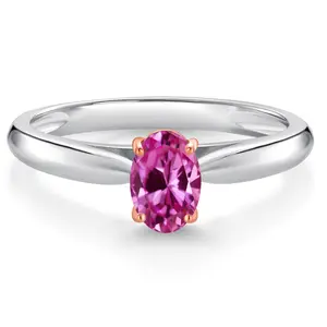 925 Sterling Silver and 10K Rose Gold Prongs Pink Created Sapphire Solitaire Engagement Ring For Women (0.50 Cttw, Oval 6X4MM, Gemstone September Birthstone)