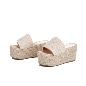 CELNEPHO Womens Platform Sandals Round Open Toe Espadrille Flatform Mules Easy Slip-On Sandals Casual Beach Straw Raffia Daily Wear Fashion Dress Shoes