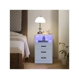 Particleboard Pasted Triamine Three Drawers With Socket With LED Light Bedside Table Whit