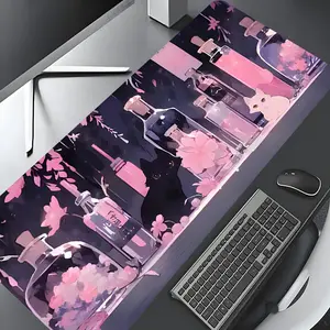 Cherry Blossom & Cat Pattern Mouse Pad, Rectangle Gaming Mouse Pad, Office Desk Keyboard Mat for Home Office Desk