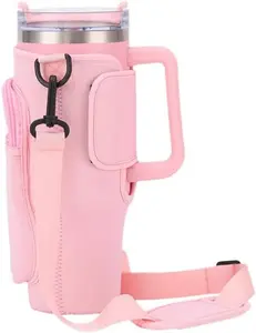 1PC Water Bottle Carrier Bag with Phone Pocket for Stanley 40oz Tumbler Neoprene Water Bottle Holder Pouch with Adjustable Strap Bollus (Pink and White)