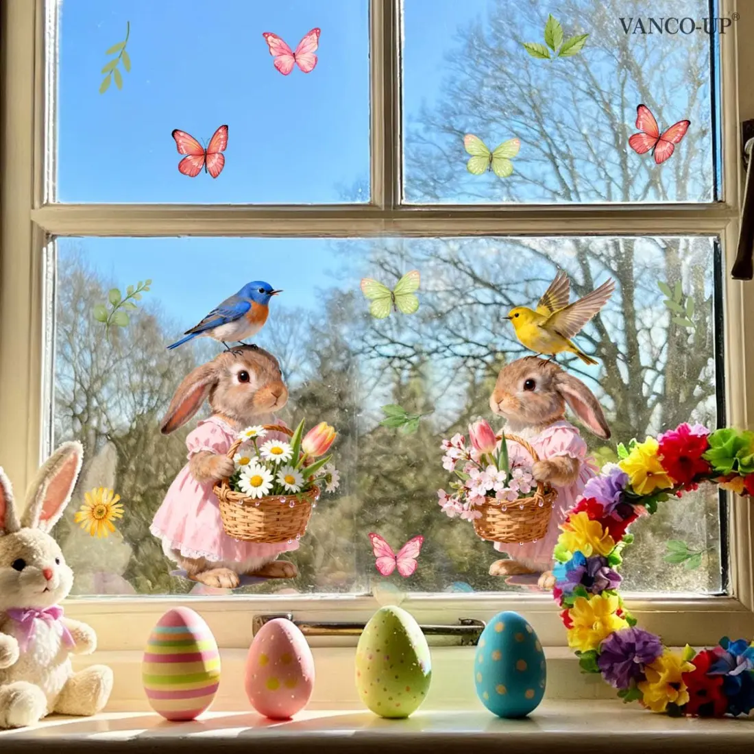 2D flat, one piece (30*60cm) Easter flower rabbit plant flat window sticker, Removable window decal, static glass sticker, window holiday decoration, art stickers, decoration items D20992-KR
