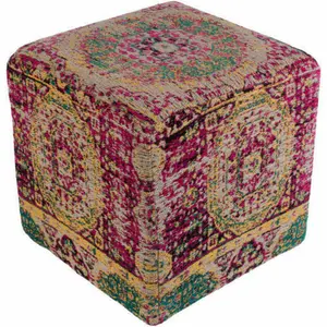 Surya Amsterdam Modern Rustic Magenta, Mustard, Teal, Taupe & Black Chenille Pouf Ottoman AMPF-004