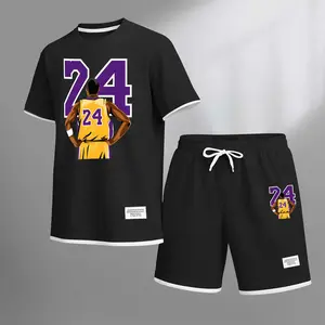 Men's Basketball 24 Print Drawstring Shorts Set For Spring/Summer. A Casual Summer Outfit, Including A Short-Sleeved Shirt And Shorts, Suitable For Everyday Wear And Sports. A Two-Piece Set For A Relaxed And Energetic Lifestyle.