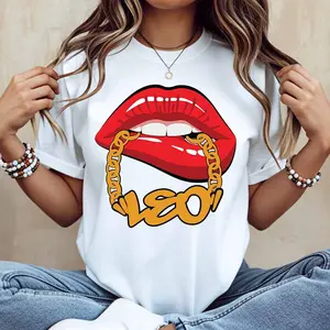 Lips And Chain Leo Print T Shirt White Casual Loose Fit For Everyday Wear And Sports Activities