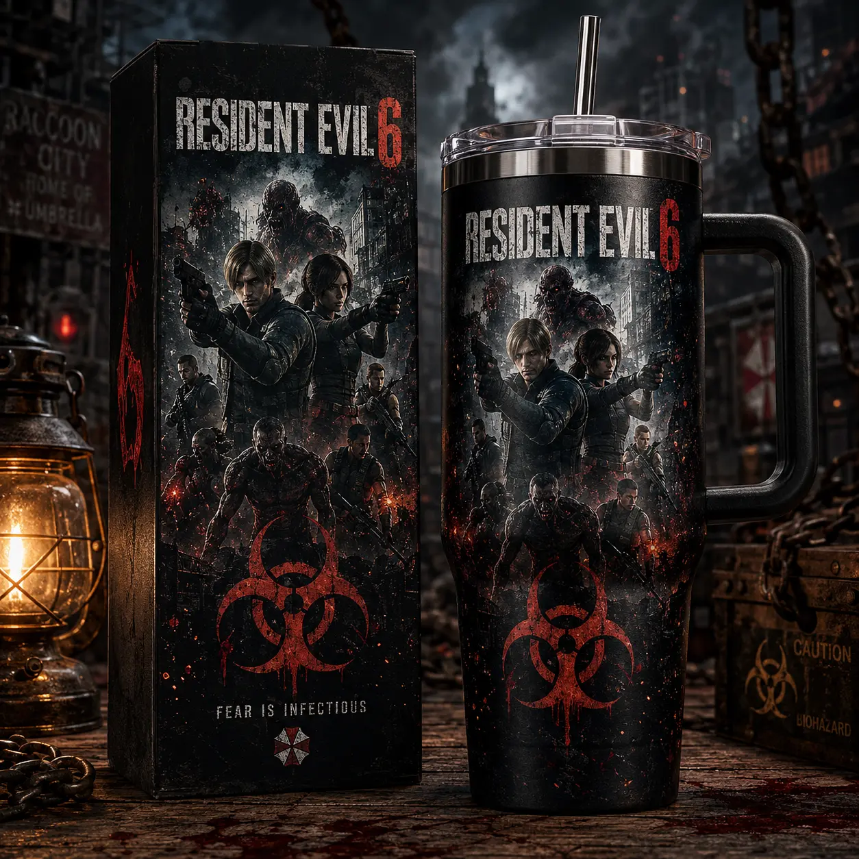 OceanSip4U Resident Evil 6 40oz Tumbler with Handle & Straw, Leon Kennedy Survival Horror Stainless Steel Vacuum Insulated Travel Mug, Zombie Gaming Cup, Gift for Resident Evil Fans