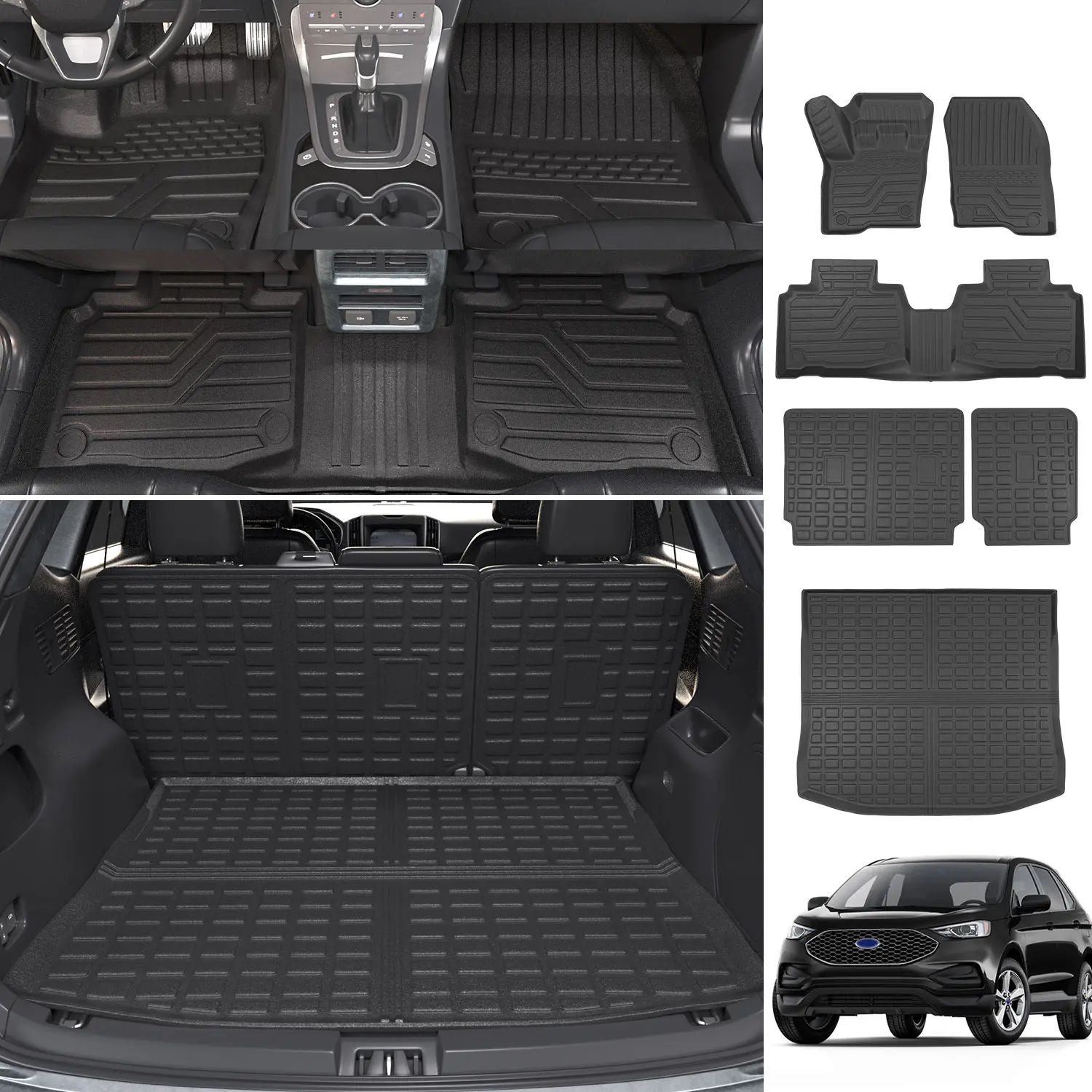 [Fits 15-24 Edge] Floor Mat Compatible with 2015-2024 Ford Edge Cargo Liner Backrest Mat TPE Trunk Mat Liner (Only Fit 5-Seater) Replacement for 2015-2024 Ford Edge Accessories (Trunk Mat+Backrest Mat+Floor Mat)