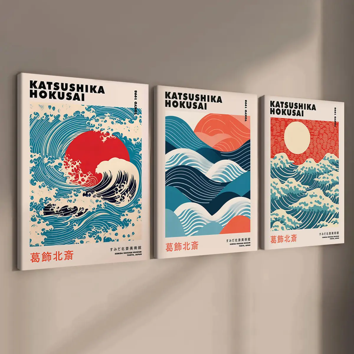 3-Piece Wood Framed Canvas Art Prints, Artistic Japanese Ukiyo-E Style Hokusai Wave Ocean Inspired Design Poster, Modern Wall Decor for Living Room & Hallway
