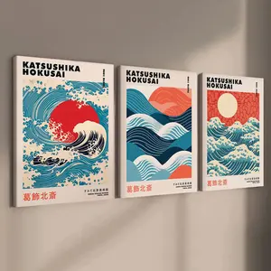 3-Piece Wood Framed Canvas Art Prints, Japanese Ukiyo-E Style Hokusai Wave Poster, Modern Wall Decor for Living Room & Hallway
