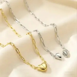 18K Gold&Silver-Plated Heart Shape Pendant Magnetic Necklace with Plated Paperclip Chain for Women Dainty Fashion Choker Necklace for Women Fashion Jewelry Love Party Valentine's Day Gift