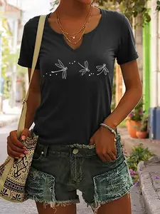 Three Dragonflies graphic print t-shirt, short sleeve v neck casual top for summer & spring, women's clothing