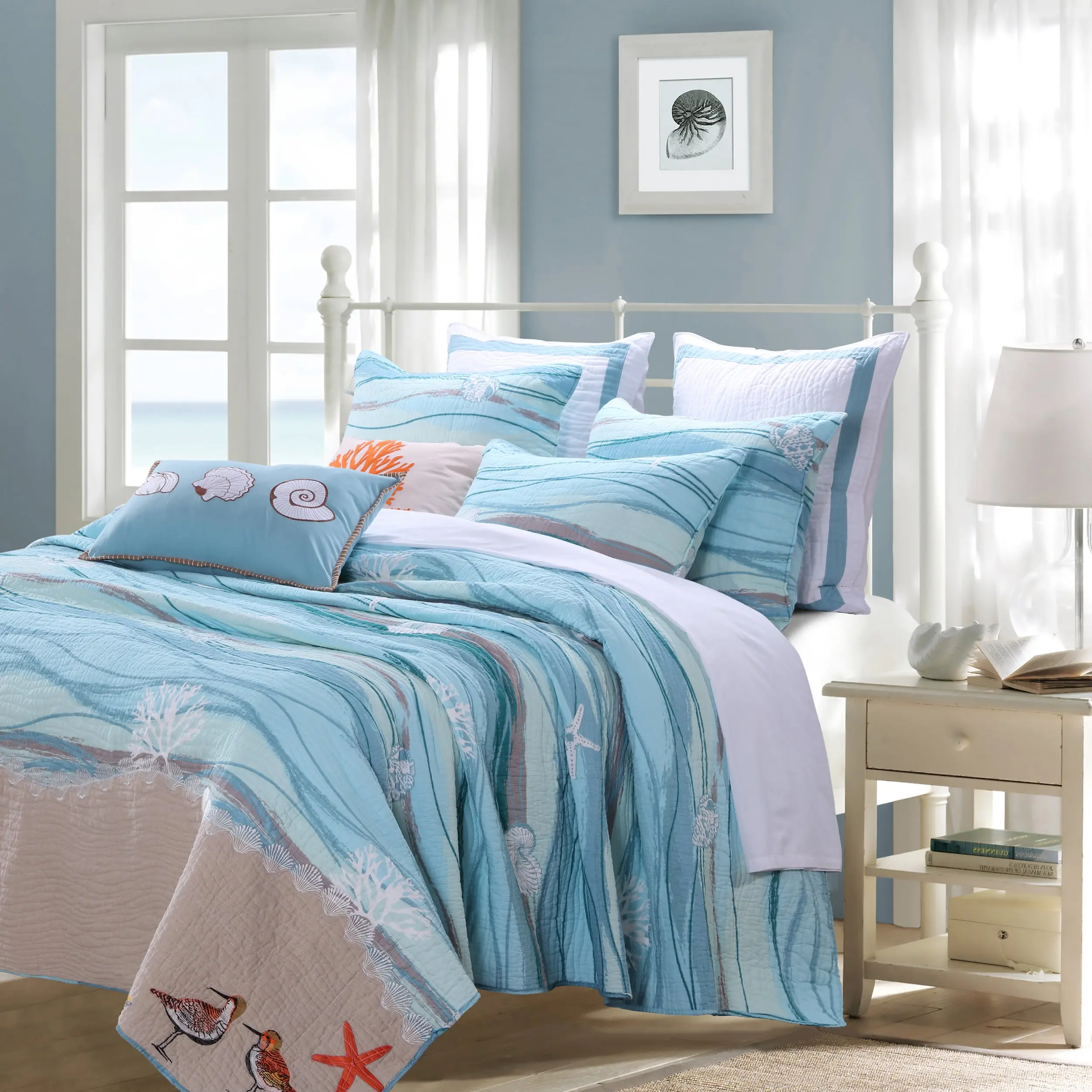 Greenland Home Fashions Maui Bonus Quilt Set with Tropical Embroidery, Oversized Cotton, Decorative Pillows Included