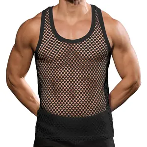 PASLTER Mens Mesh Fishnet Tank Tops Fitted Sleeveless Night Club Style Muscle Top Summer Workout Beach Shirts Menswear Vest