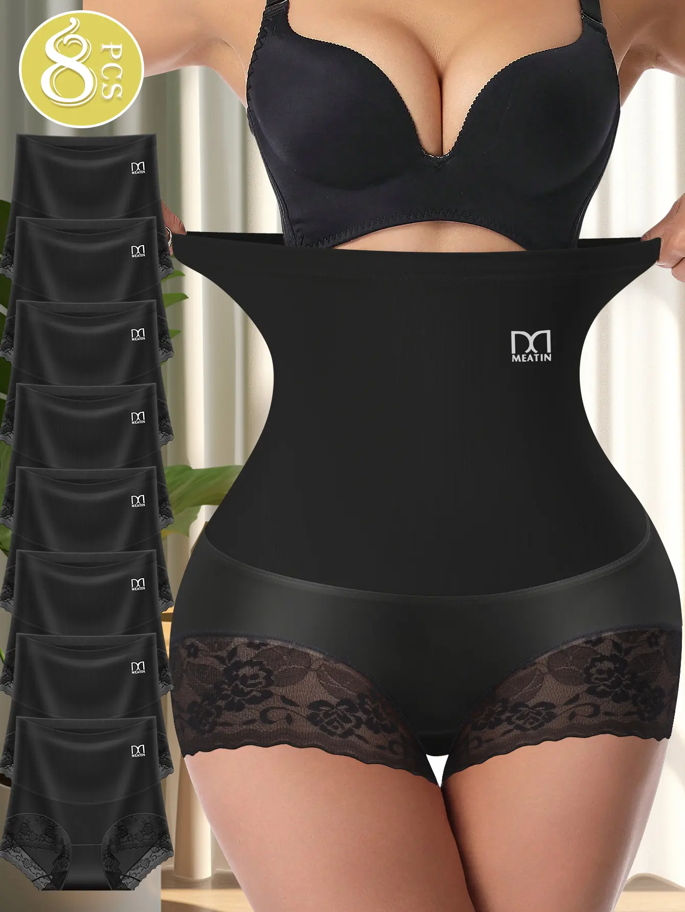QUASTI 8-Piece Black High-Waisted Elegant Lace Tummy Control Panties, Hip Lifting, Full Coverage, Soft, Breathable, Skin-Friendly Shaping Womenswear Panties, Sizes S-XXL
