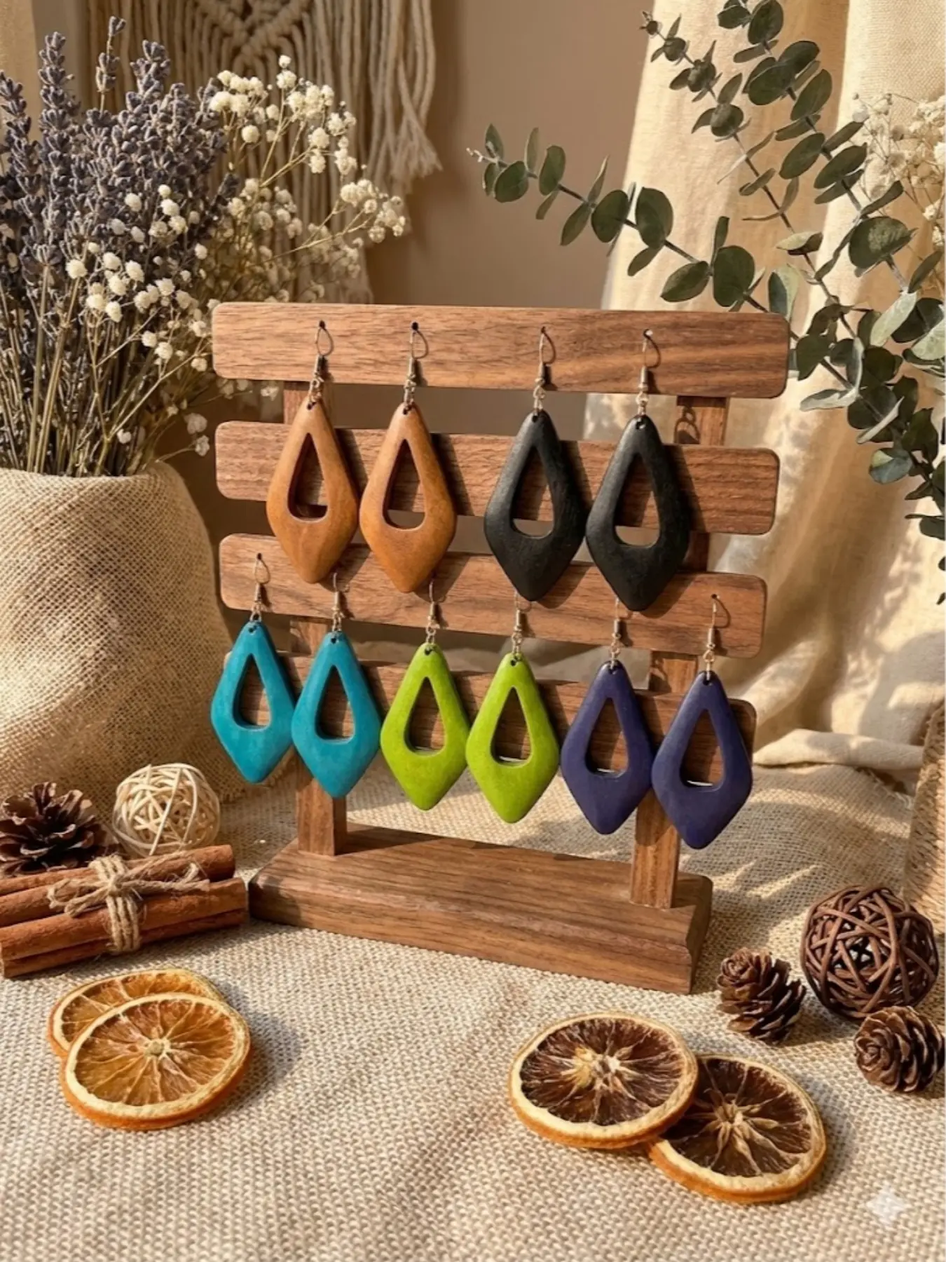 Women's Earrings Set, Colorful Geometric Rhombus Hollow Out Wood Earrings, Bohemian Ethnic Style, Daily Wear, Holiday Gifts