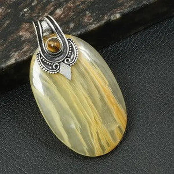 2' Yellow Lace Agate Tiger Eye Gemstone Ethnic Handmade Pendant