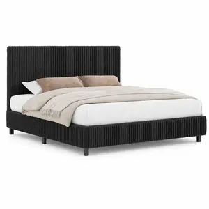 [MothersDayGift] AMERLIFE Upholstered Bed Frame, Corduroy Platform Bed with 3.5" Thick Gap-Free Headboard, Fully Padded, Metal Frame with Strong Slats, No Box Spring Needed
