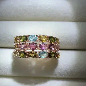 <PingEast jewelry > Tourmaline——925 Sterling Silver Triple-Row Ring, set with 18 flawless natural multicolor tourmalines, with certificate