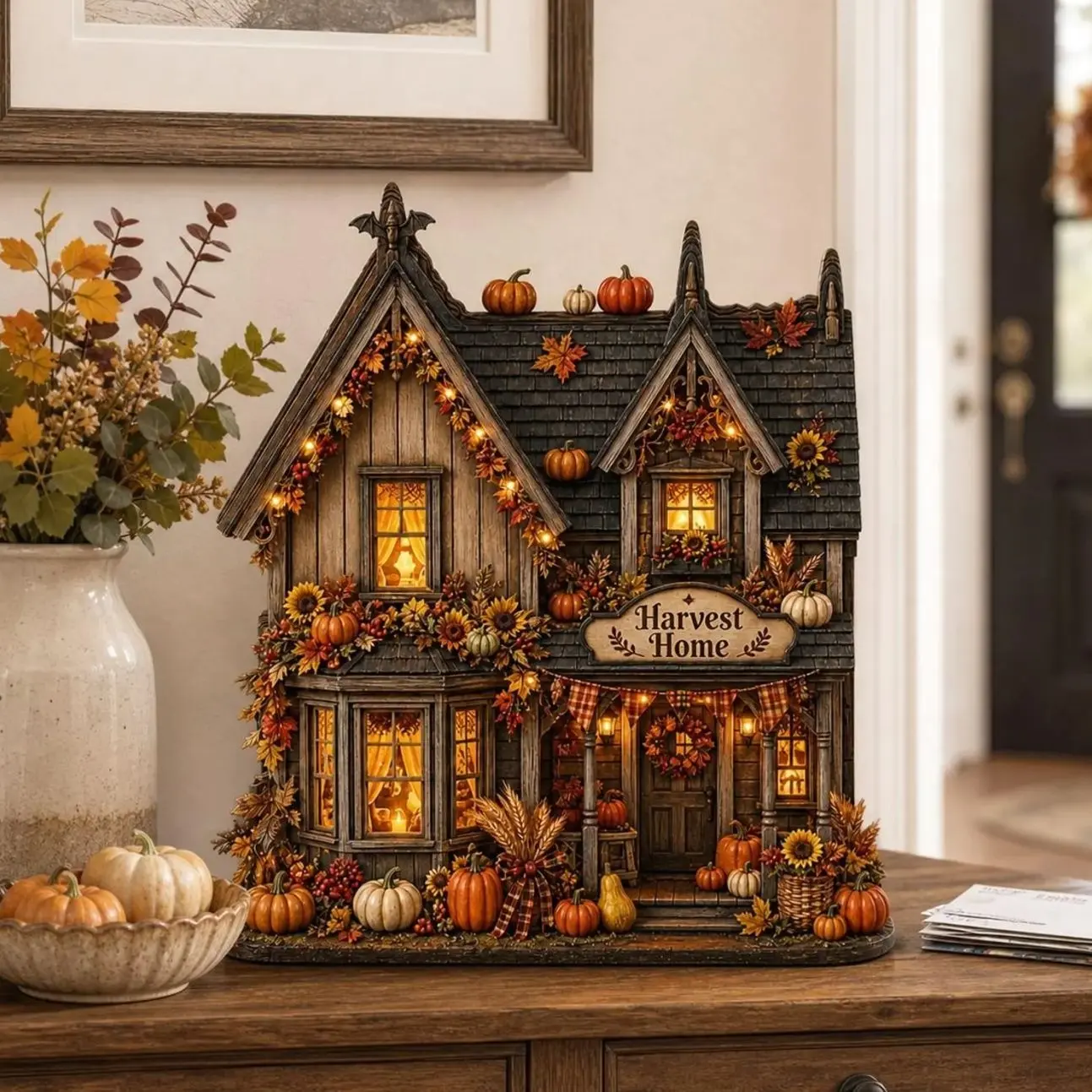 Personalized Harvest Home Wooden Block, Fall Pumpkin House Decor, Autumn Table Sign, Thanksgiving Farmhouse Gift, Cozy Country Shelf Decor