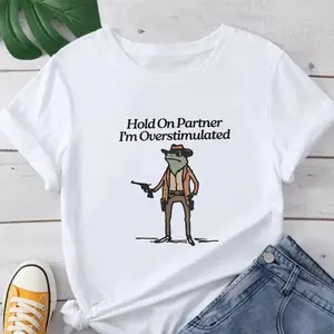 100% Cotton Black Unsiex T Shirt With Hold On Partner Im Overstimulated Text And Cartoon Animal Character Print For Casual Wear,  Funny Meme Tee for Women Men