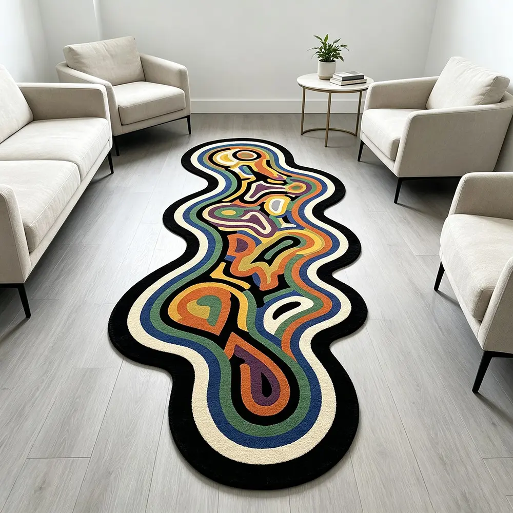 Abstract Wave Shaped Rug, Modern Abstract Rug, Vintage Colorful Stripes, Non-Slip, Home Decor Rug, Decorative Area Rug, for Sofa, Coffee Table, Living Room, Bathroom, Indoor Decor