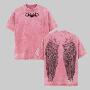 Vintage Washed Pink Heavyweight Cotton T-Shirt Oversized Y2K Gothic Angel Wings Graphic Tee Cyber Grunge Streetwear Top Distressed Acid Wash Aesthetic Shirt for Men Women Retro Harajuku Dark Academia Casual Loose Fit Short Sleeve Summer Outfit