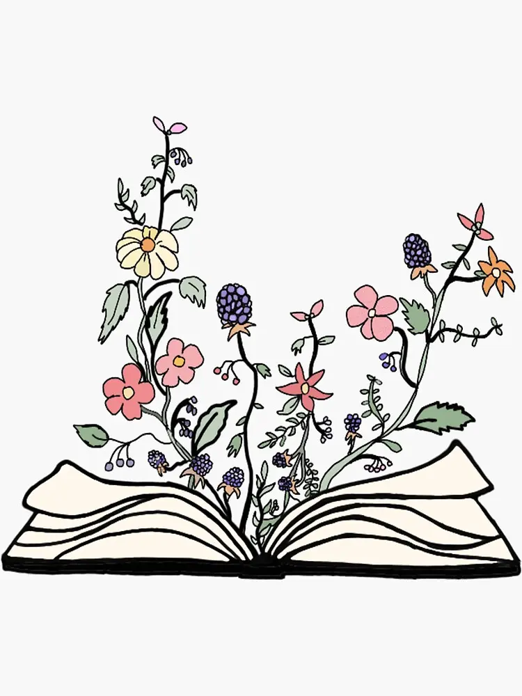 Flowers Growing From Book Vinyl Sticker, Cute Book Lover Decal, Aesthetic Botanical Reader Sticker, Laptop Water Bottle Decal