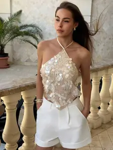 Women's Backless Beaded Halter Top, Perfect for Beach Vacation Parties, Stylish Summer, Elegant Party Wear