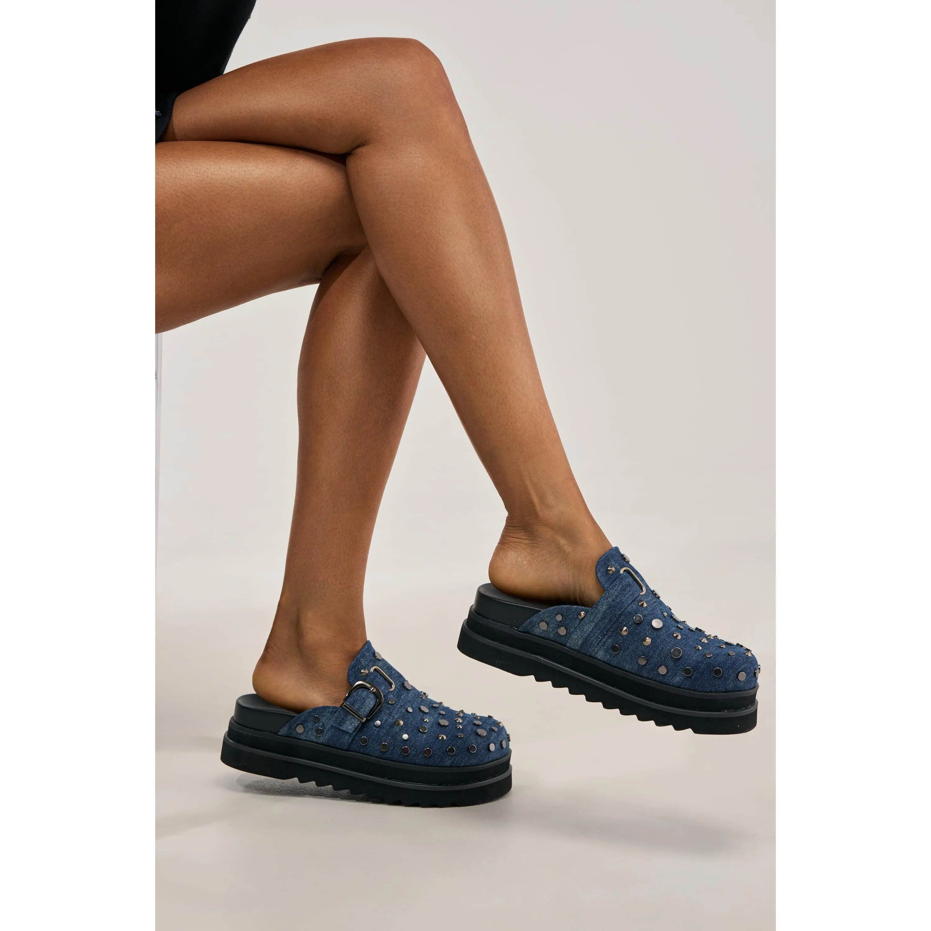 AKIRA GOLD BILLIANNA DENIM FLAT CLOG WITH HARDWARE