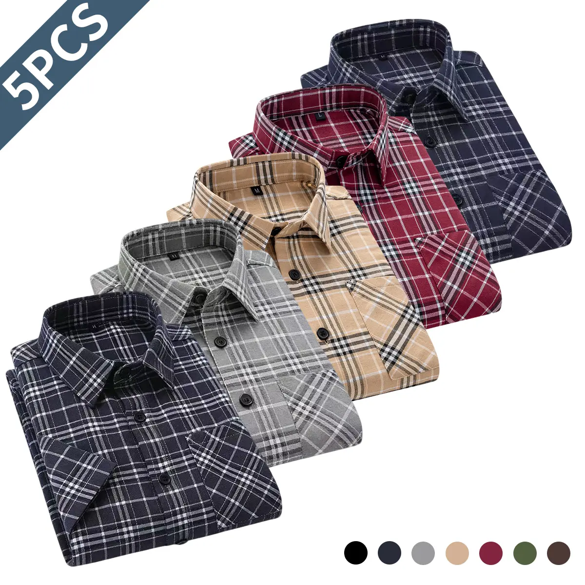 Men’s 5-pack summer stand-collar short-sleeve shirts, plaid shirts, suitable for everyday wear, can be paired with suit pants or a suit jacket, ideal for parties, weddings, and honeymoons, great as gifts for sons, husbands, or fathers, summer clothing,sum