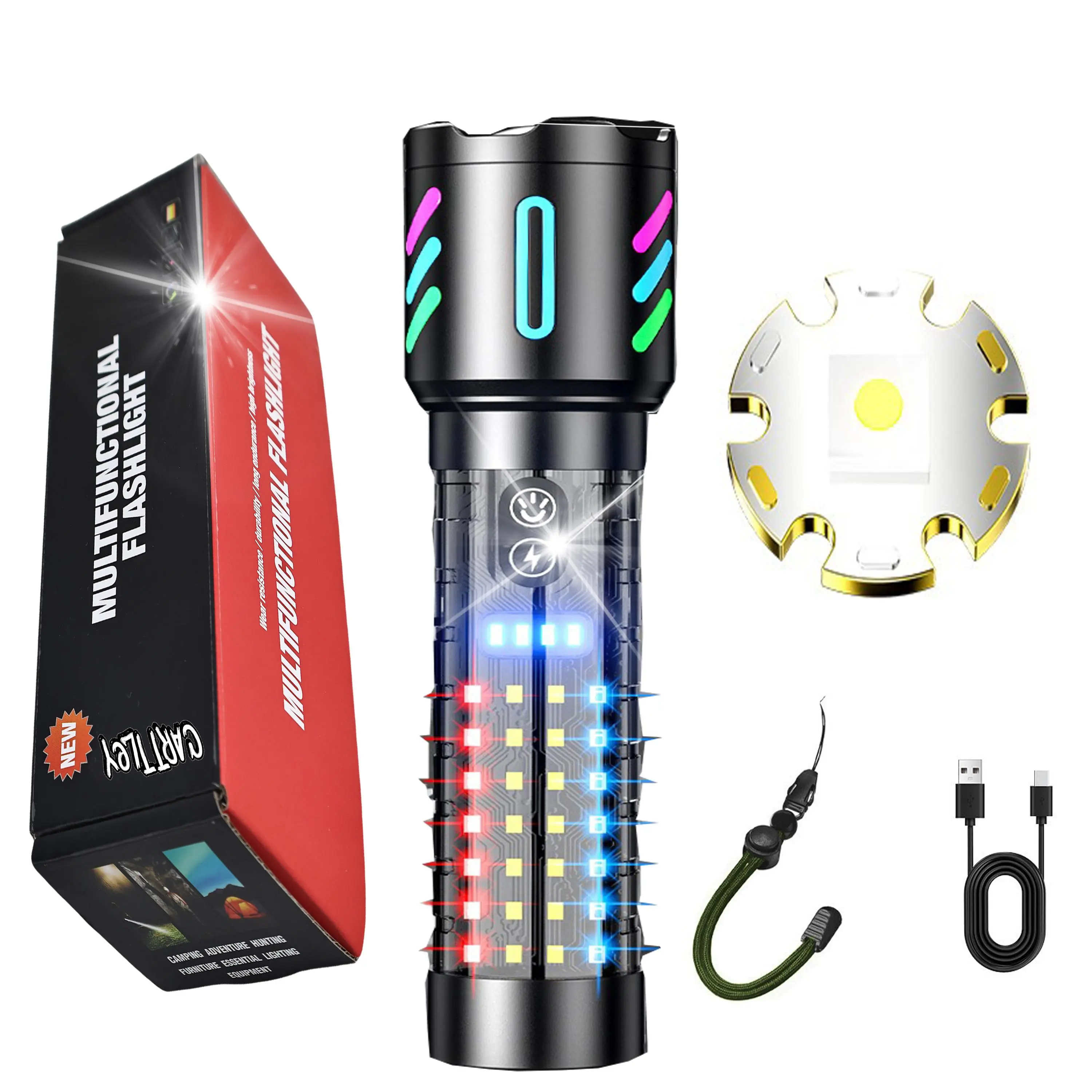 Tactical LED Flashlight - 8-in Multifunctional Handheld Light, 2000000 High Lumens, Rechargeable, 5 Modes, 600000-Hour Life, Adjustable Zoomable Beam, IP67 Rated for Outdoor Camping, Hiking, 600000 Hours, 2,000,000 High Lumens