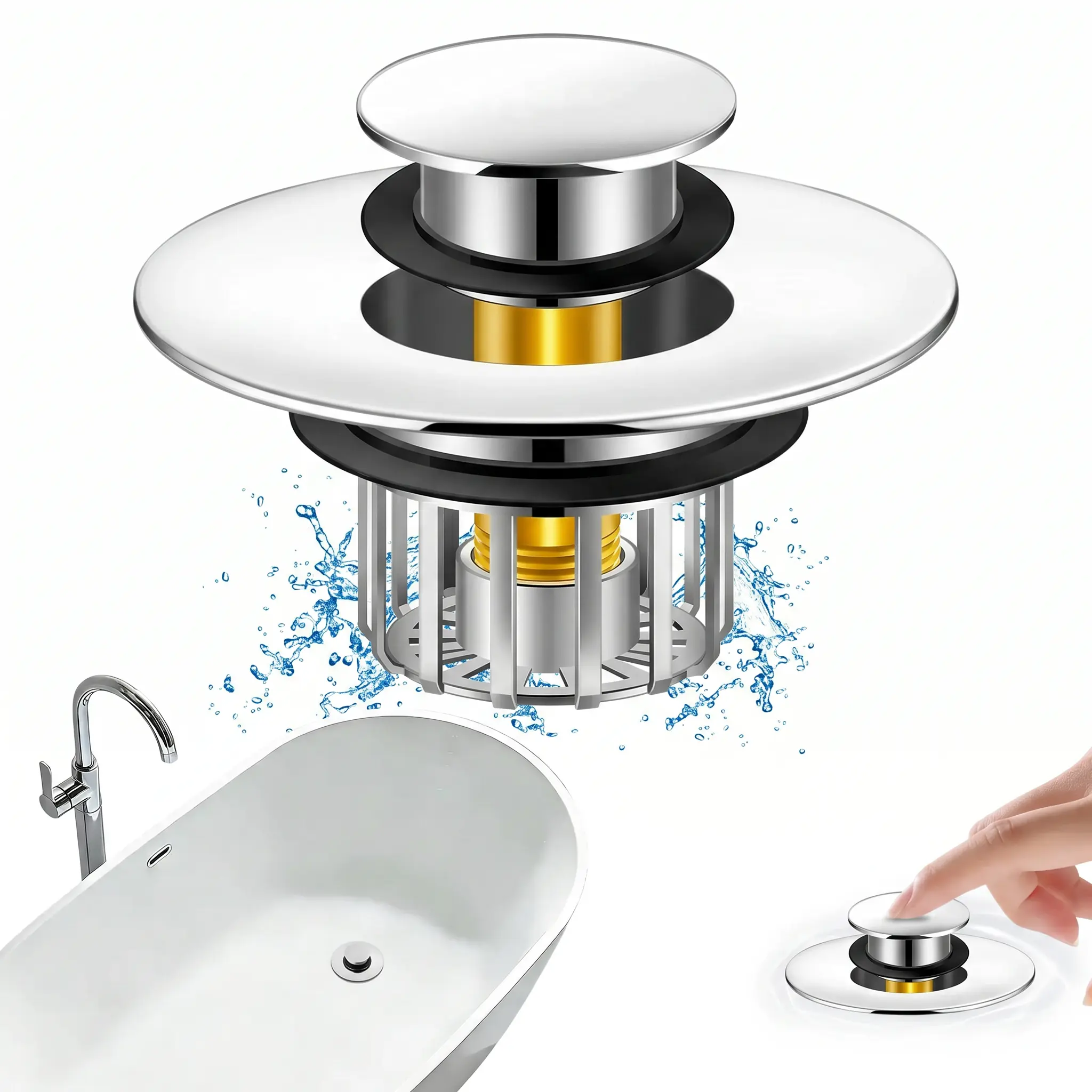Universal Stainless Steel Hair Catcher Chrome 3-in-1 Pop-Up Bathtub Drain Stopper with Hair Catcher - Detachable Filter Basket, Visible Top Design, Clog-Resistant - Fits 1.45-1.8" Drain Holes, Bathroom Plumbing Essential