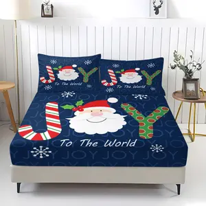 Christmas JOY pattern bed sheet, featuring Santa Claus penguin snowman and reindeer patterns, including 1 bed sheet and 2 pillowcases, comfortable bedding, anti slip dust cover suitable for children's Christmas bedroom gifts