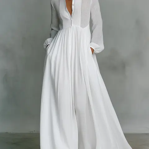 Women's Casual Elegant Solid Color A-Line High Waisted Buttoned Pleated Pockets Split-Joint Stand Collar Long Sleeve Shirt Dress Maxi Dress