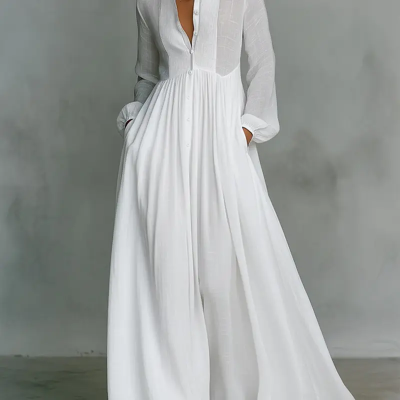 Women's Casual Elegant Solid Color A-Line High Waisted Buttoned Pleated Pockets Split-Joint Stand Collar Long Sleeve Shirt Dress Maxi Dress