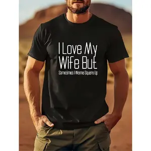 1pc Funny "I Love My Wife But Sometimes I Wanna Square Up" Marriage Humor T-Shirt - Unisex Cotton Crew Neck Tee with Slight Stretch, Novelty Gift for Men & Women, All-Season Comfort Fit