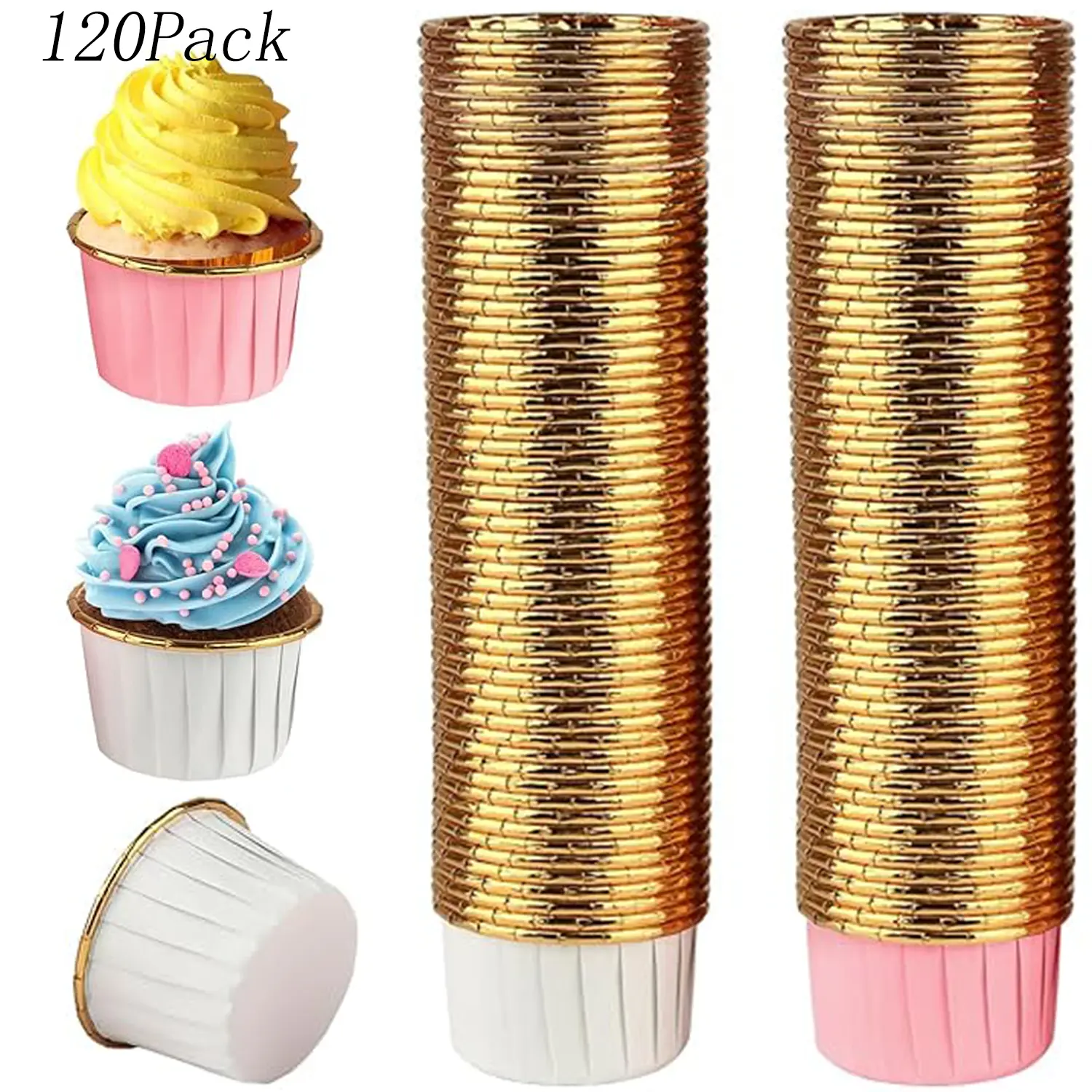 120-Pack Thick Foil Disposable Cupcake Baking Cups - Waterproof, Oil-Proof Bakeware for Muffins, Baking Molds, Bakery Supplies, Birthday Prep (120 Pcs, Ample Supply)