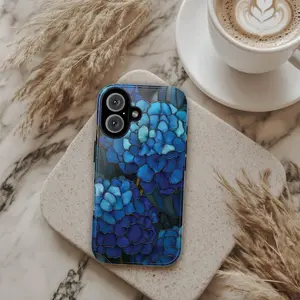 Dark Blue Hydrangeas Tough Phone Case, Hydrangea Stained Glass PRINTED Design Phone Case IP 17 16 15 14 13 12 Pro Max X