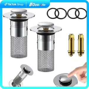 2-Pack Pop-Up Sink Stopper - 1.6"+ (40mm) Drain Cover for Bathroom & Kitchen, Stainless Steel Hair Catcher with Anti-Odor Seal, Multi-Purpose Strainer Basket Case