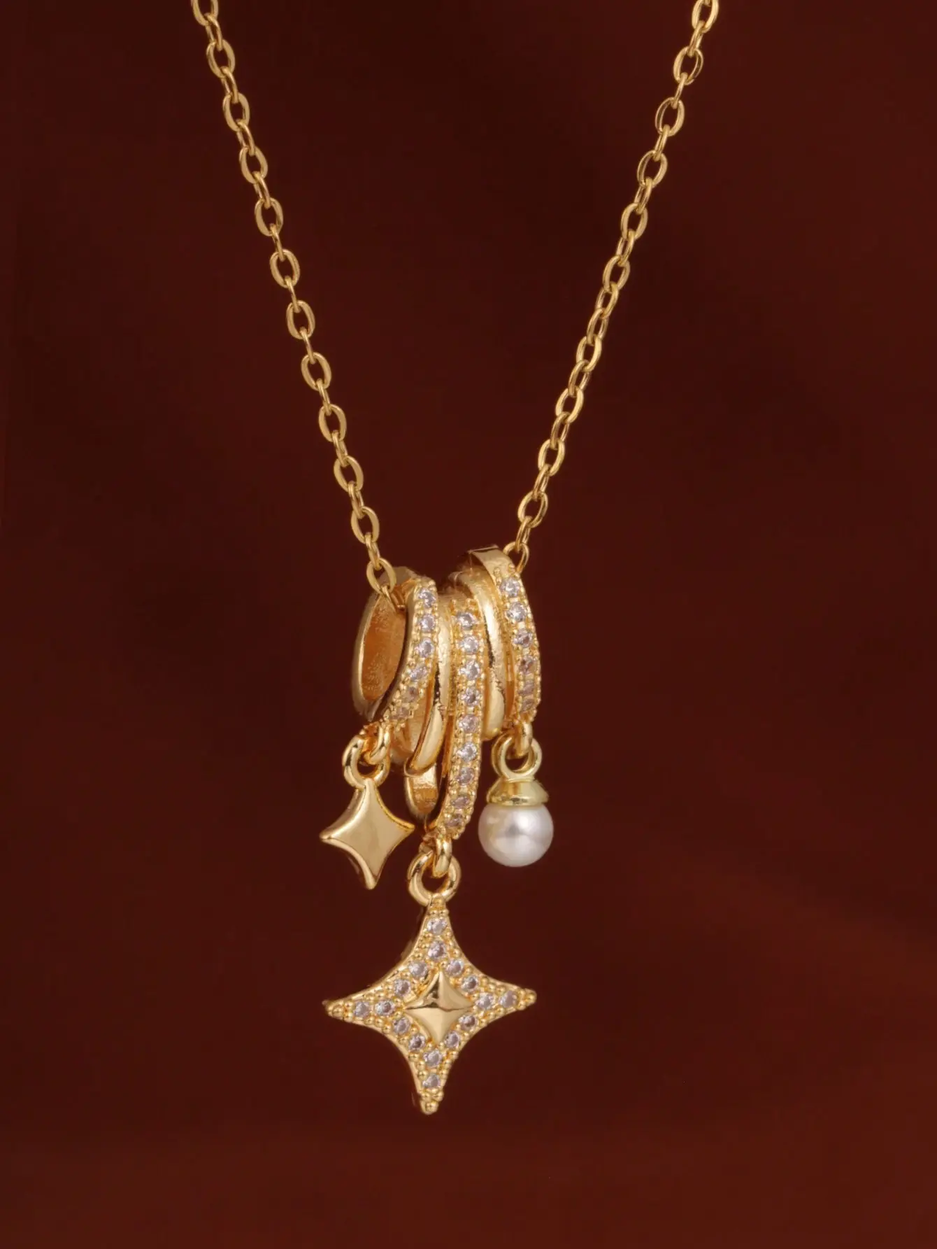 Clariva 1pc Stainless Steel Aurora Star Faux Pearl Radiant Star Pendant Necklace, 18K Goldtone With Tiny Crystals, Dreamlike Sparkle Design, Gift For Wife, Female Friends, Wedding Winter Gifts